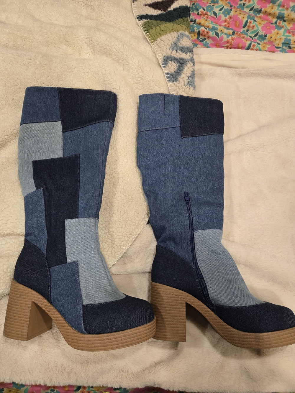 Patchwork Denim Mid-Calf Block Heel Boots - Blue